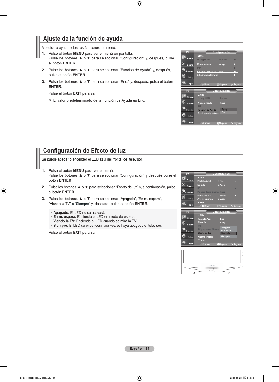 Ajuste de la función de ayuda, Configuración de efecto de luz | Samsung LNT2353HX-XAA User Manual | Page 157 / 191