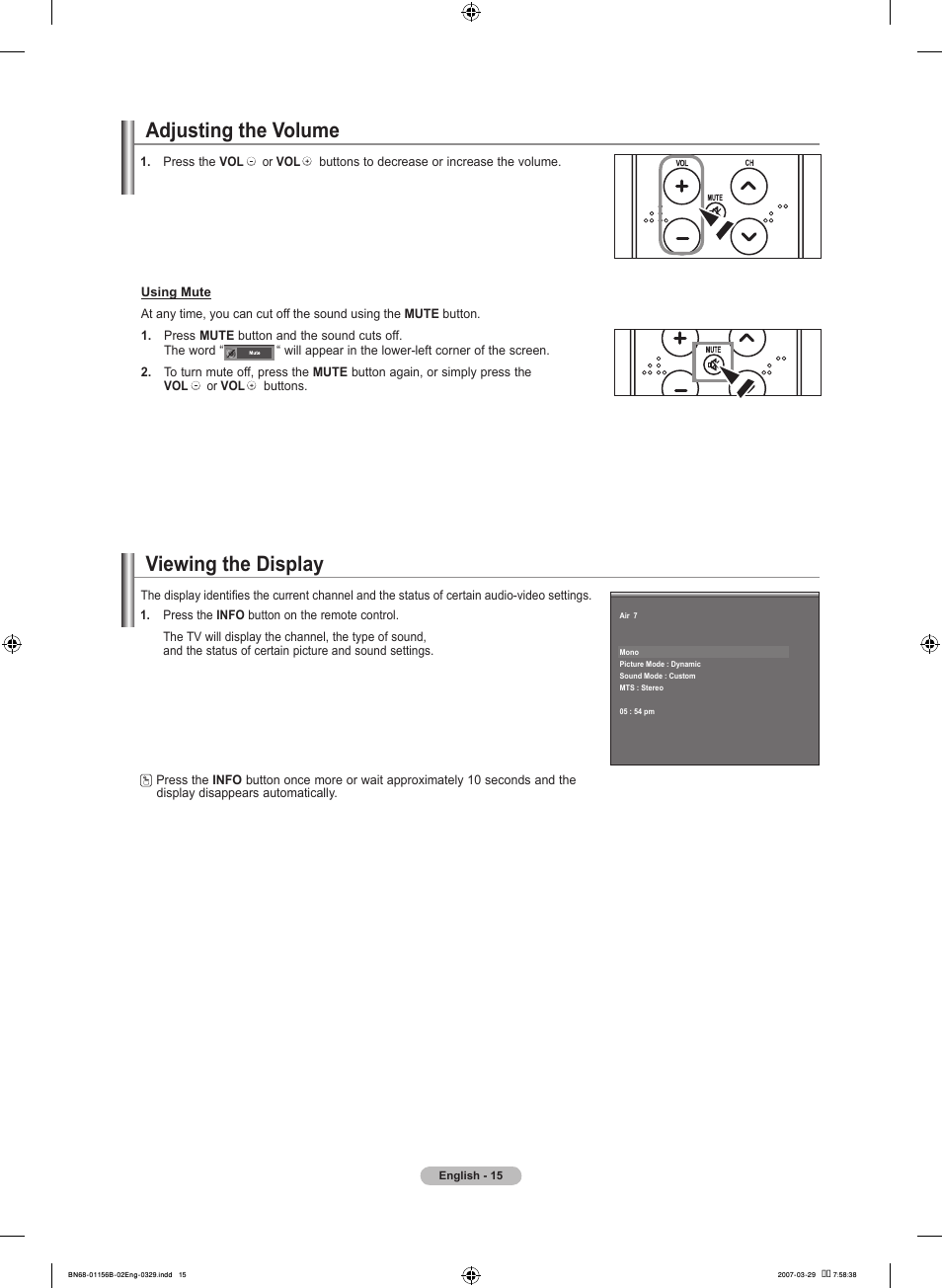 Adjusting the volume, Viewing the display | Samsung LNT2353HX-XAA User Manual | Page 17 / 191