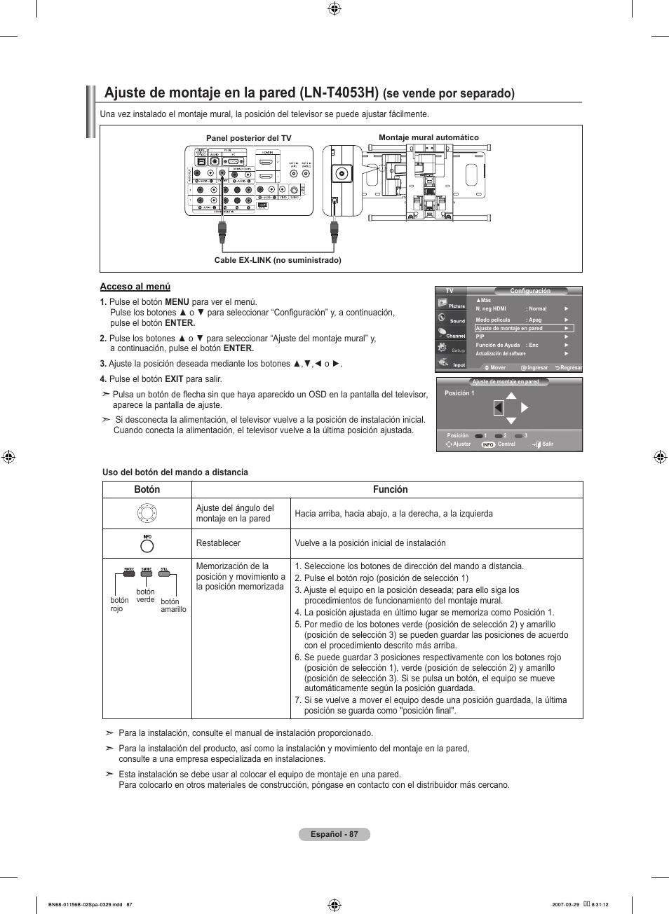 Ajuste de montaje en la pared (ln-t05h), Se vende por separado) | Samsung LNT2353HX-XAA User Manual | Page 187 / 191
