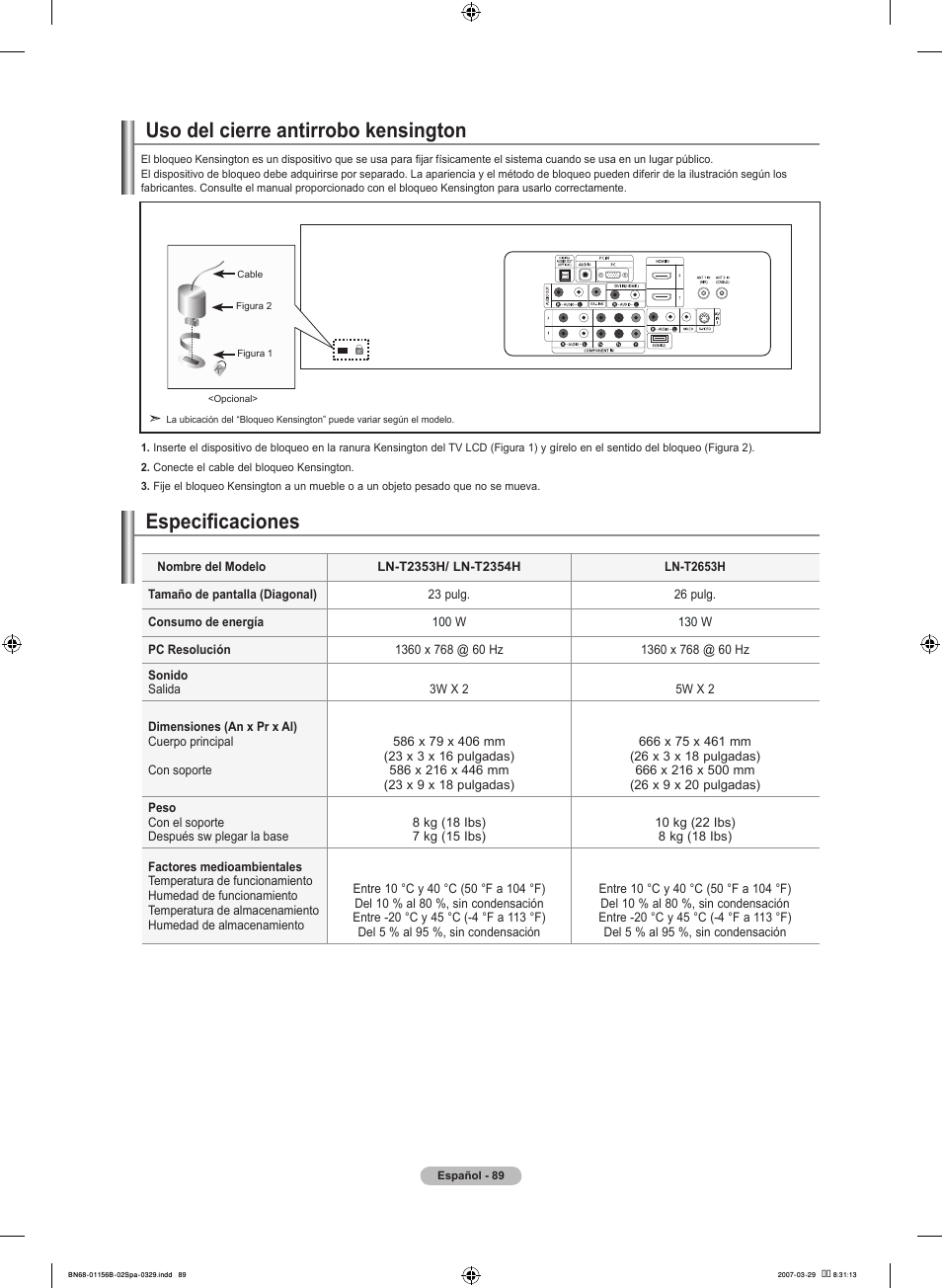 Uso del cierre antirrobo kensington, Especificaciones | Samsung LNT2353HX-XAA User Manual | Page 189 / 191