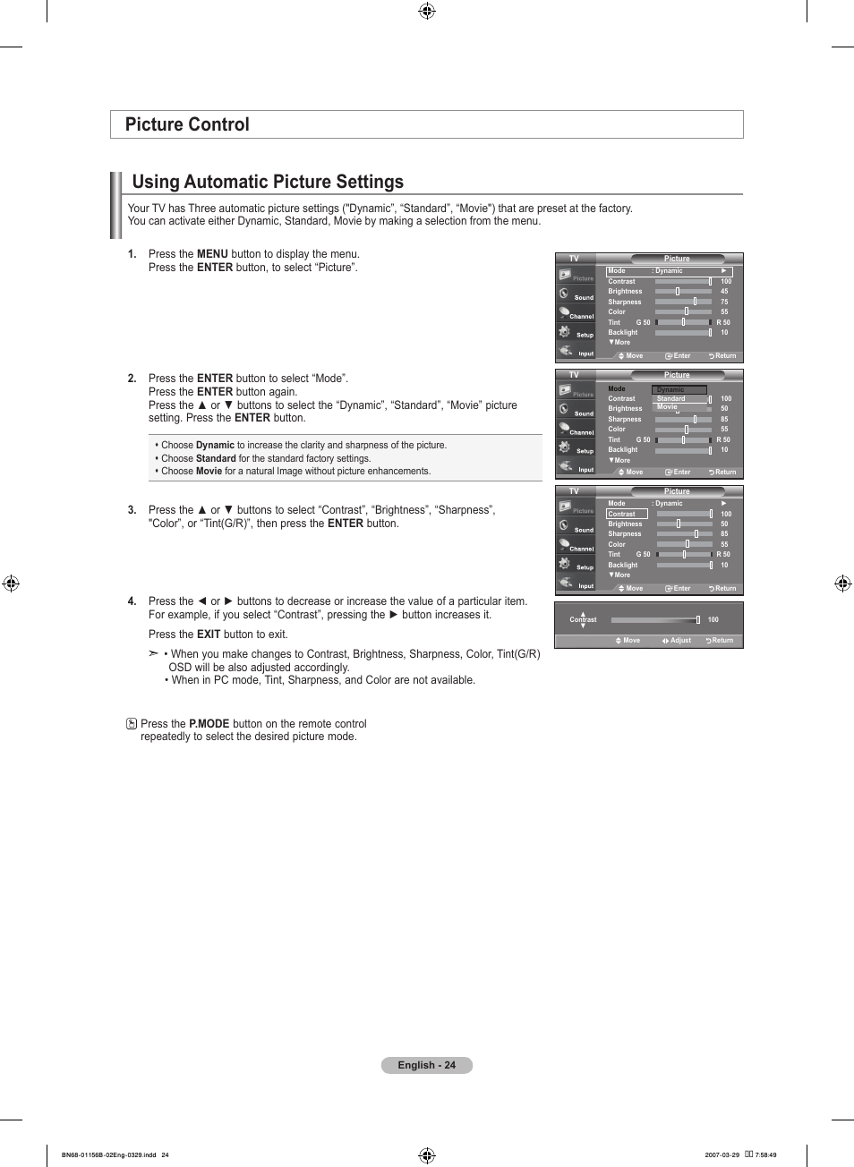Picture control, Using automatic picture settings | Samsung LNT2353HX-XAA User Manual | Page 26 / 191