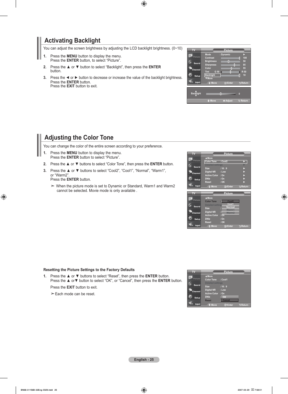 Adjusting the color tone, Activating backlight | Samsung LNT2353HX-XAA User Manual | Page 27 / 191