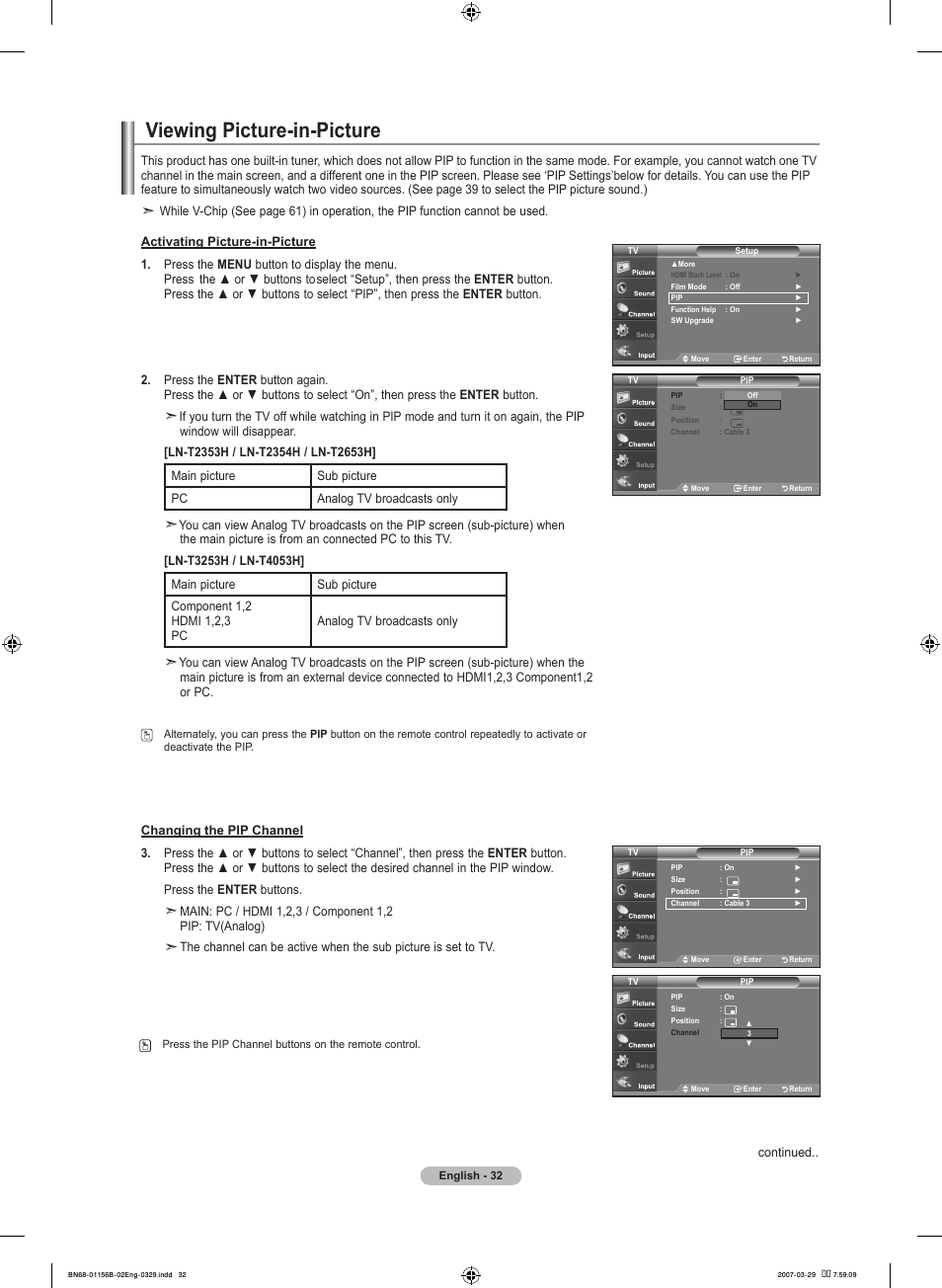 Viewing picture-in-picture | Samsung LNT2353HX-XAA User Manual | Page 34 / 191
