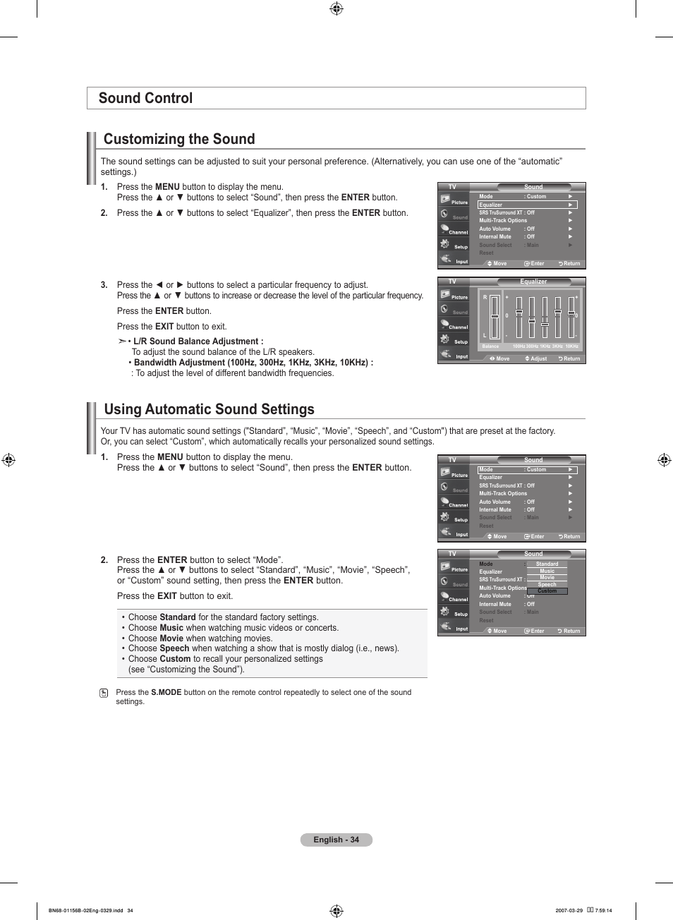 Sound control, Customizing the sound, Using automatic sound settings | Samsung LNT2353HX-XAA User Manual | Page 36 / 191