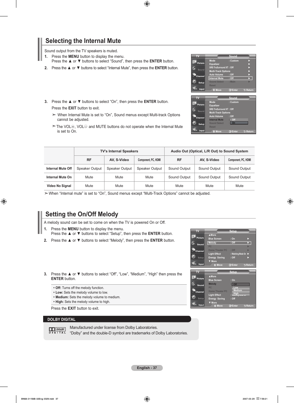 Selecting the internal mute, Setting the on/off melody, Press the exit button to exit | Samsung LNT2353HX-XAA User Manual | Page 39 / 191
