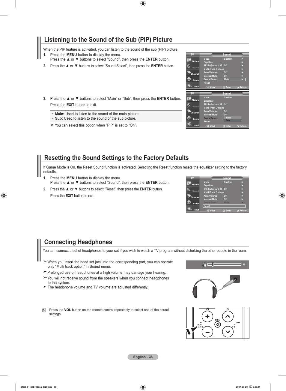Connecting headphones, Listening to the sound of the sub (pip) picture | Samsung LNT2353HX-XAA User Manual | Page 40 / 191