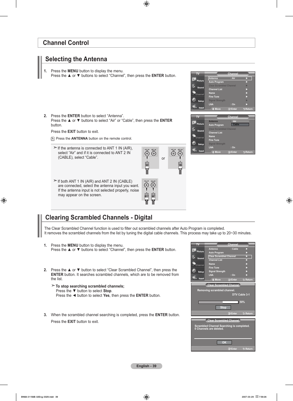 Channel control, Channel control selecting the antenna, Clearing scrambled channels - digital | Samsung LNT2353HX-XAA User Manual | Page 41 / 191