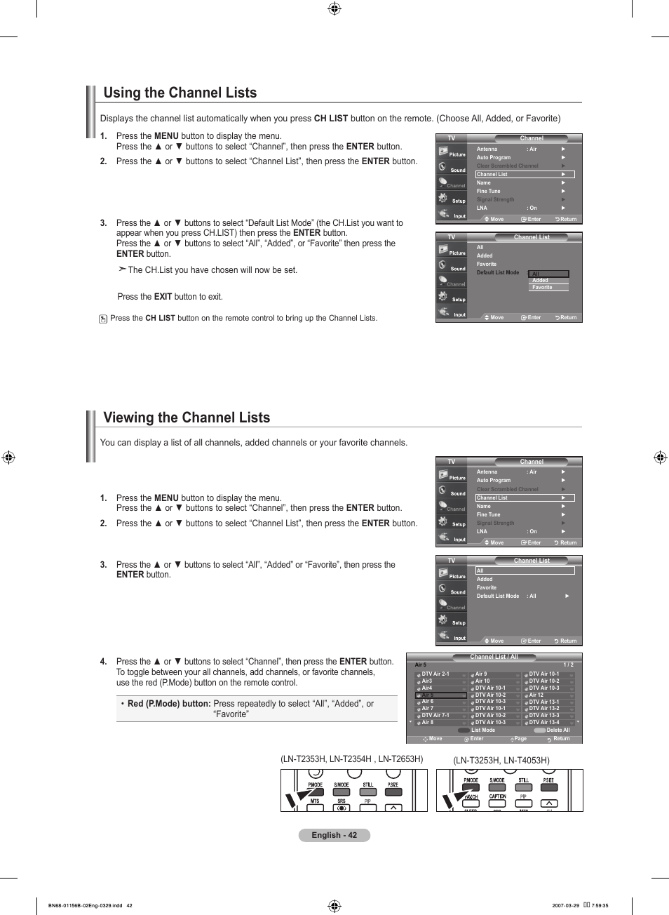 Using the channel lists, Viewing the channel lists | Samsung LNT2353HX-XAA User Manual | Page 44 / 191
