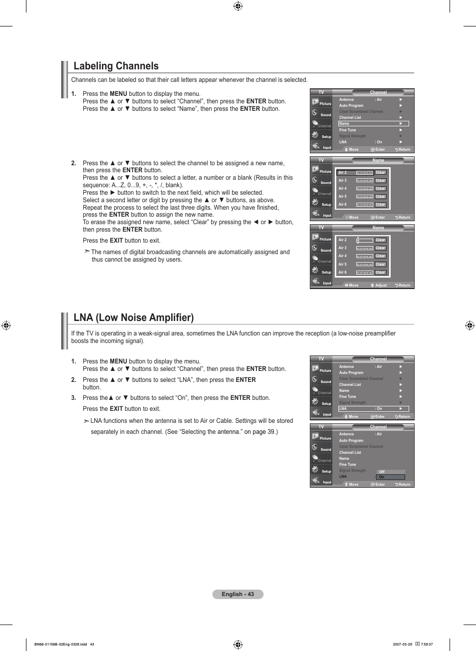 Labeling channels, Lna (low noise amplifier) | Samsung LNT2353HX-XAA User Manual | Page 45 / 191