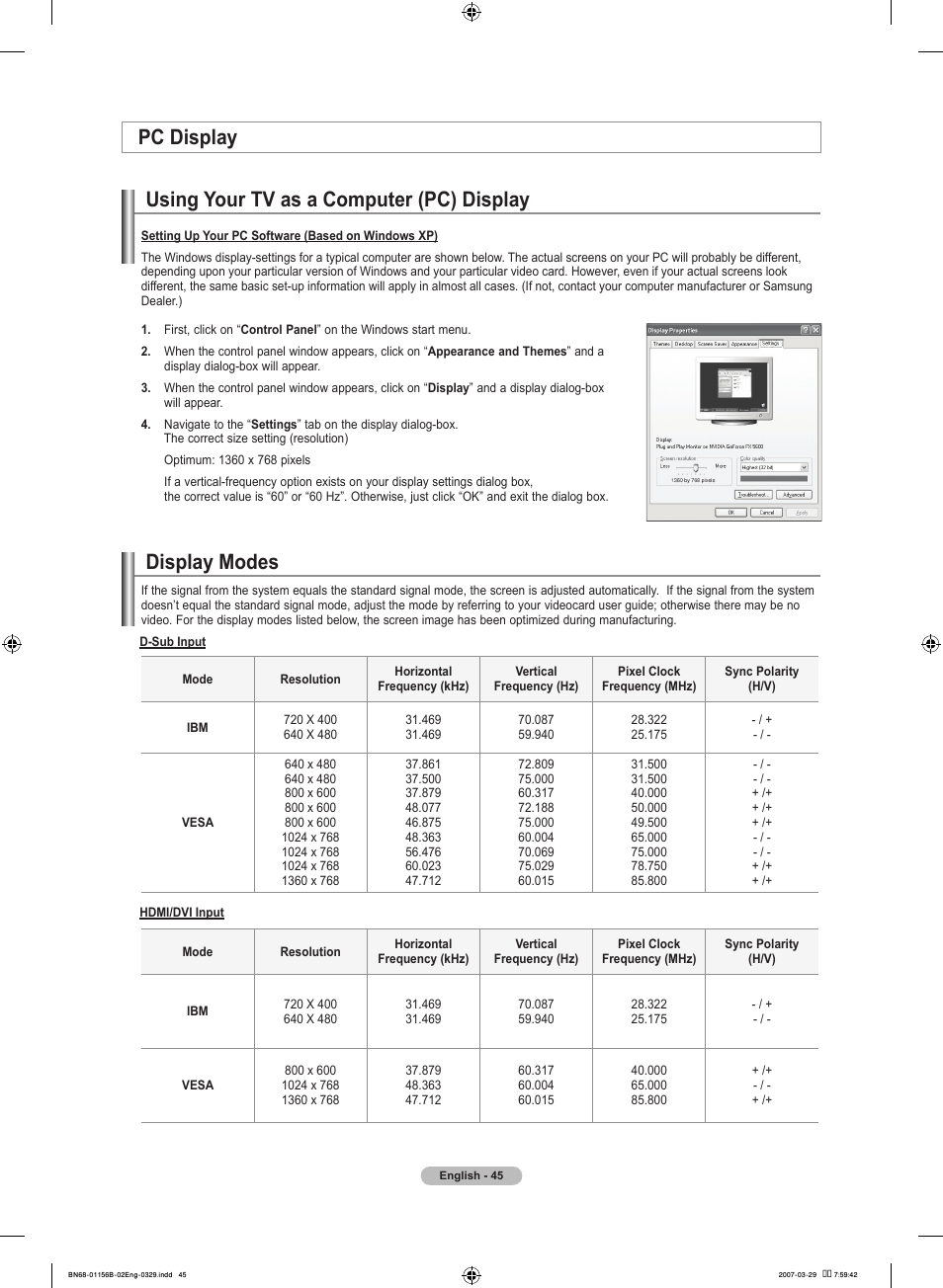 Pc display, Using your tv as a computer (pc) display, Display modes | Samsung LNT2353HX-XAA User Manual | Page 47 / 191