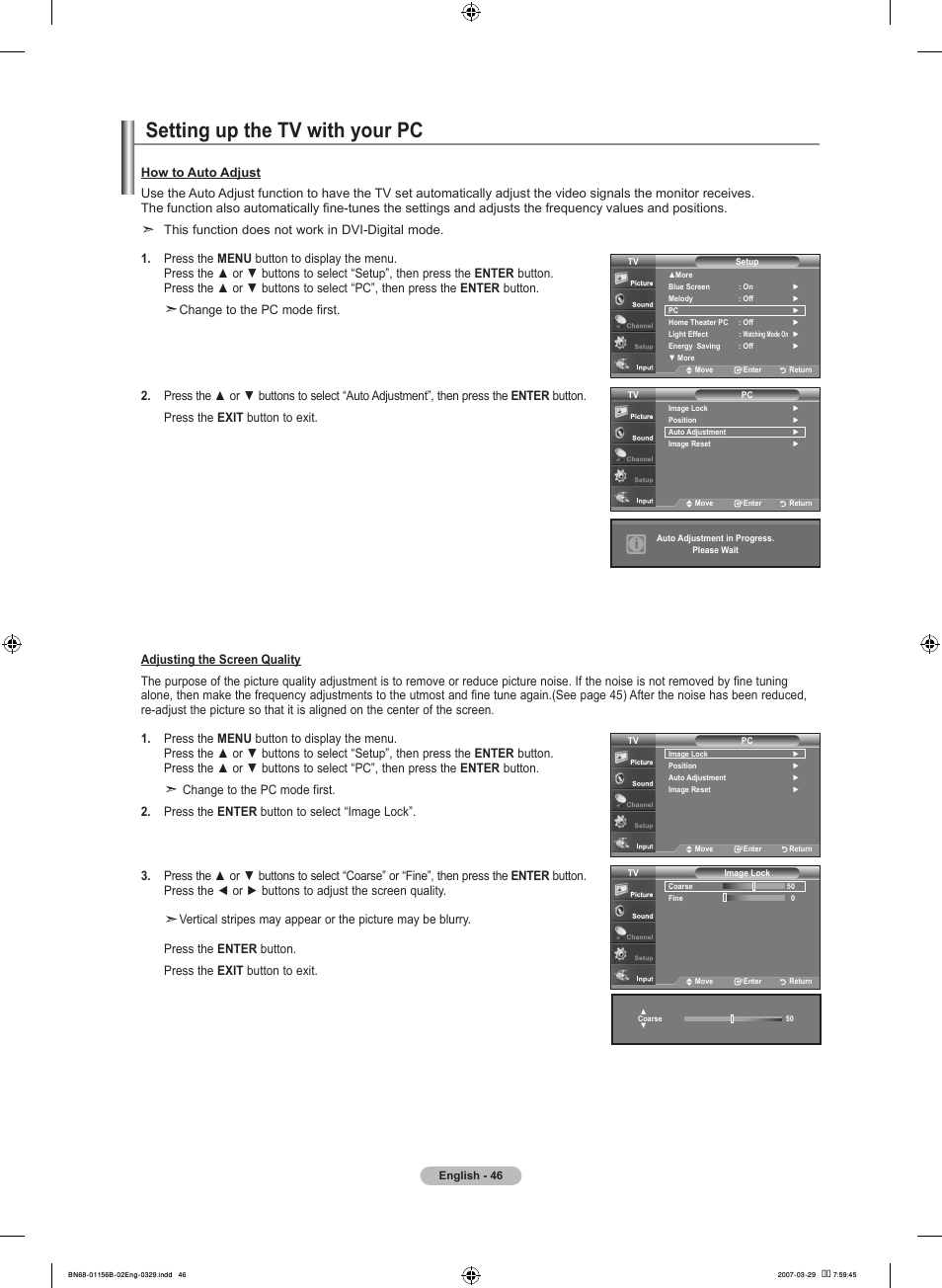 Setting up the tv with your pc, This function does not work in dvi-digital mode | Samsung LNT2353HX-XAA User Manual | Page 48 / 191