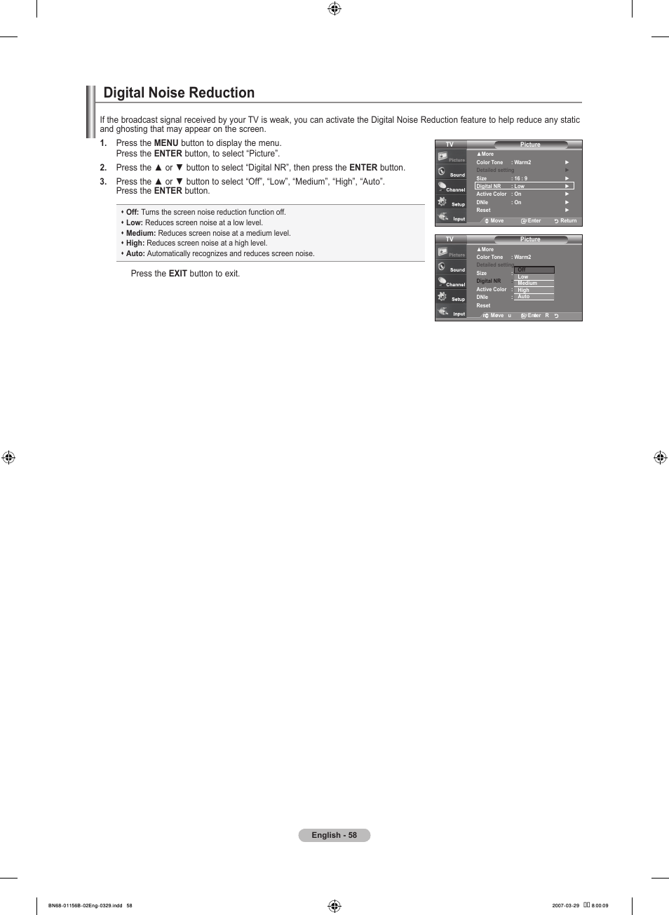 Digital noise reduction, Press the exit button to exit | Samsung LNT2353HX-XAA User Manual | Page 60 / 191