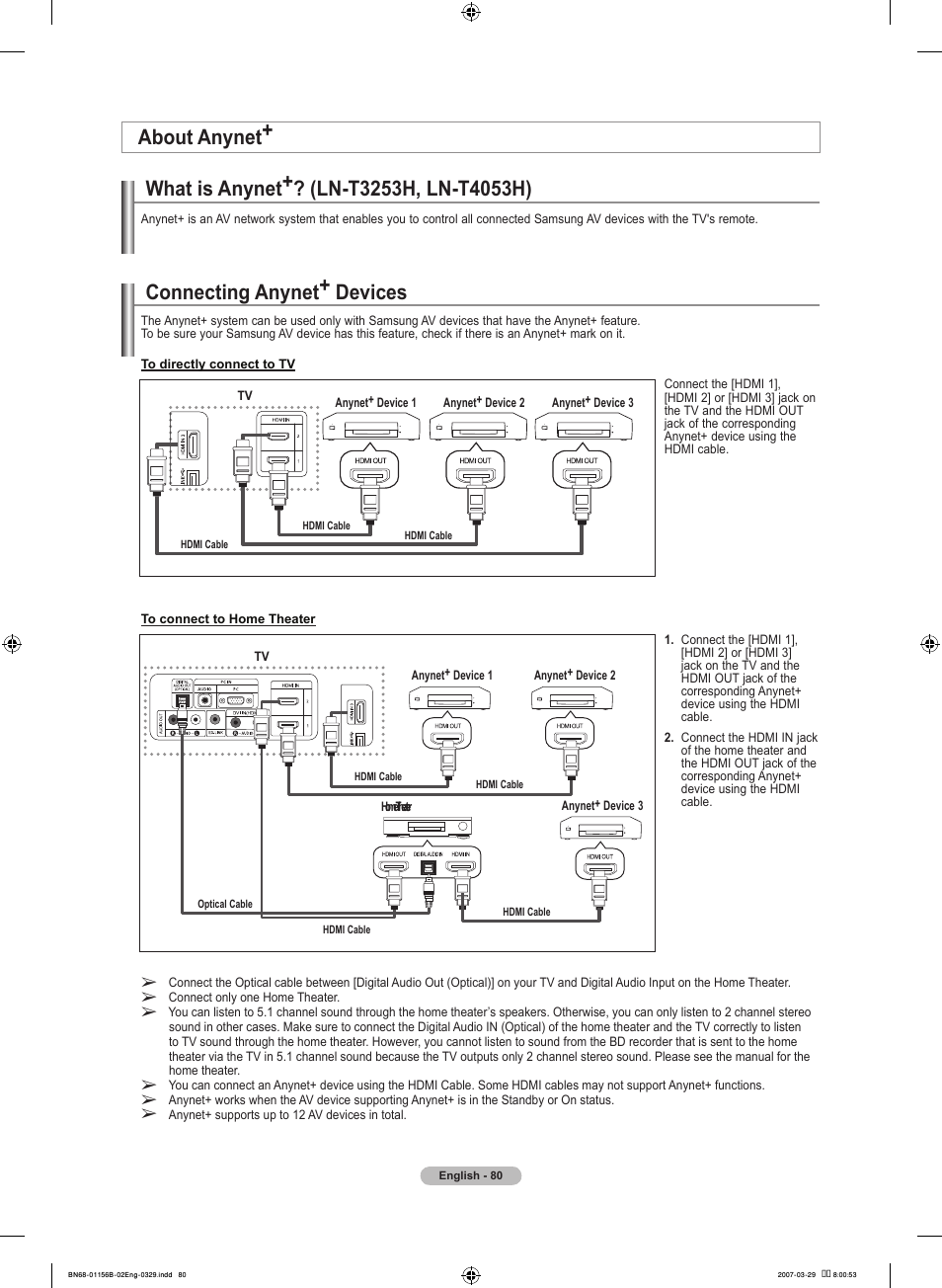About anynet, What is anynet+? (ln-t5h, ln-t05h), Connecting anynet+ devices | Samsung LNT2353HX-XAA User Manual | Page 82 / 191