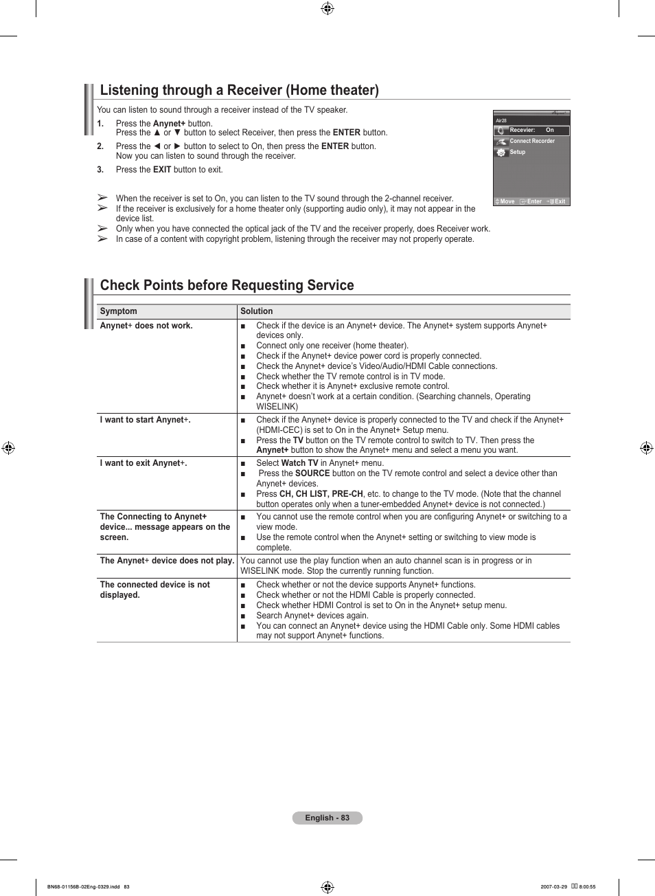 Listening through a receiver (home theater), Check points before requesting service | Samsung LNT2353HX-XAA User Manual | Page 85 / 191