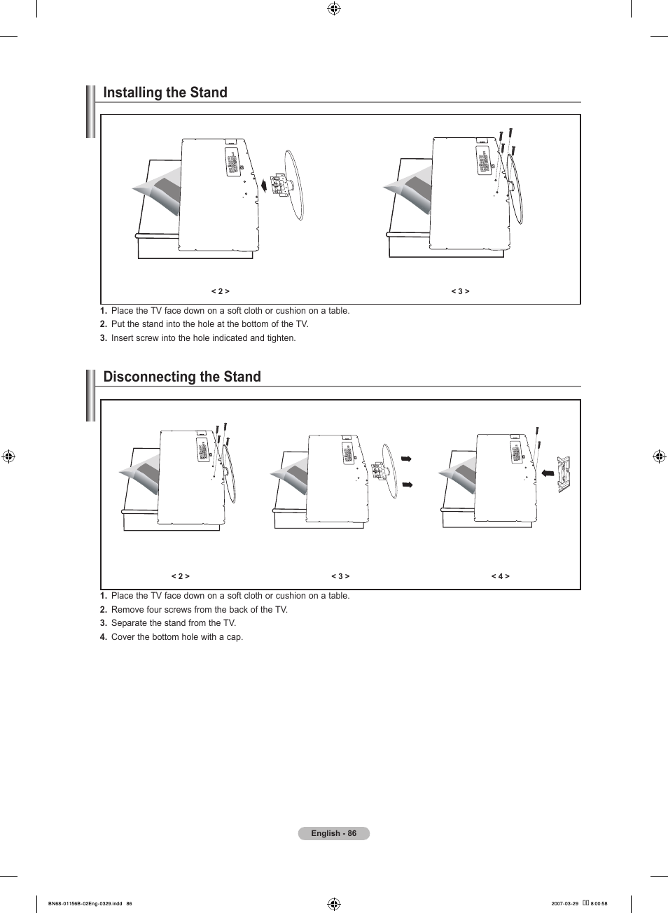 Installing the stand, Disconnecting the stand | Samsung LNT2353HX-XAA User Manual | Page 88 / 191