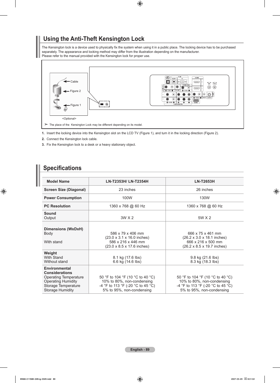 Using the anti-theft kensington lock, Specifications | Samsung LNT2353HX-XAA User Manual | Page 91 / 191