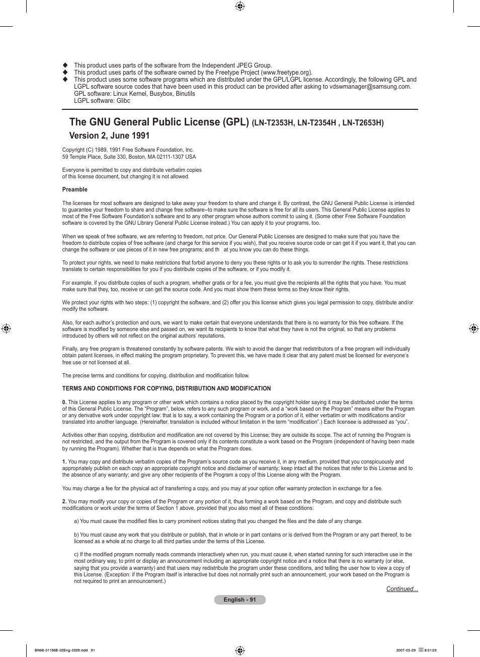 The gnu general public license (gpl), Version , june, Ln-t5h, ln-t5h , ln-t65h) | Samsung LNT2353HX-XAA User Manual | Page 93 / 191