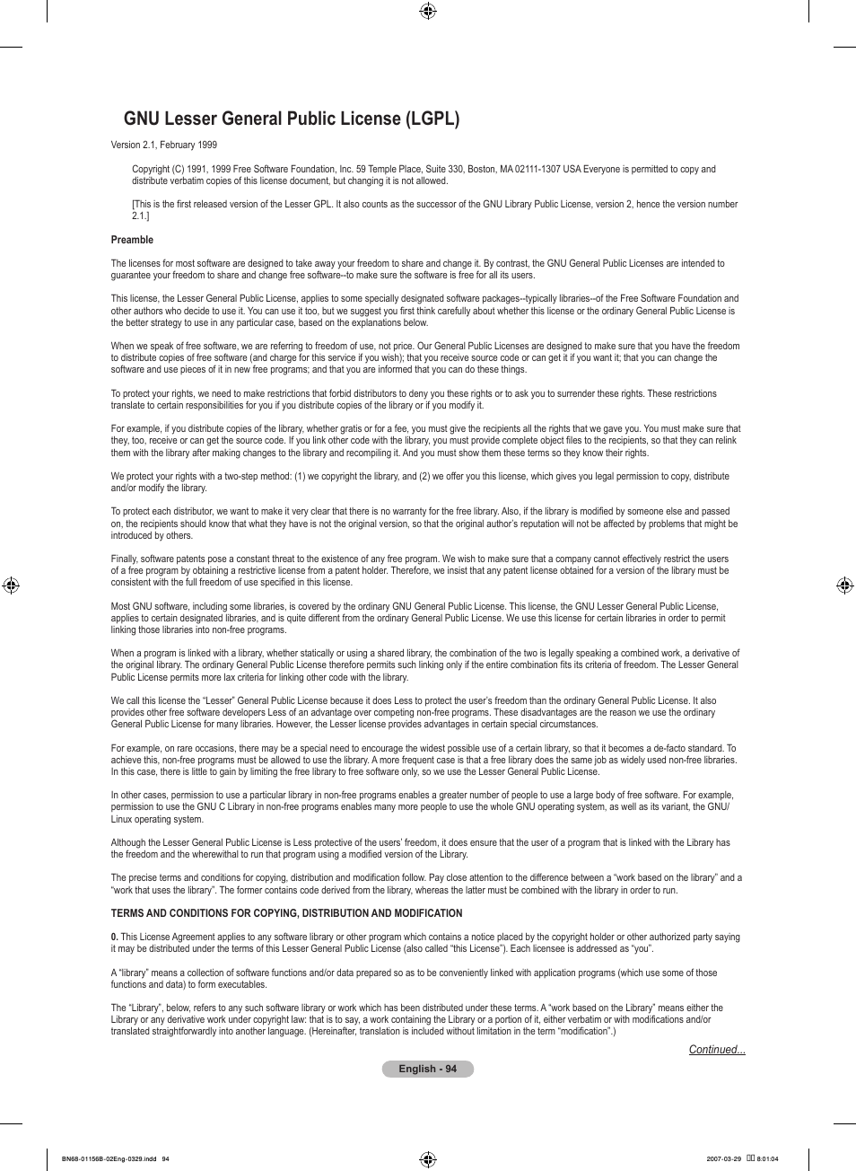 Gnu lesser general public license (lgpl) | Samsung LNT2353HX-XAA User Manual | Page 96 / 191