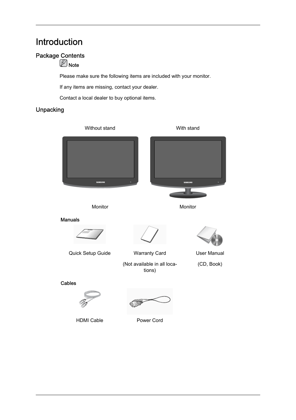 Introduction, Package contents, Unpacking | Samsung LS23CFUKFV-ZA User Manual | Page 10 / 88