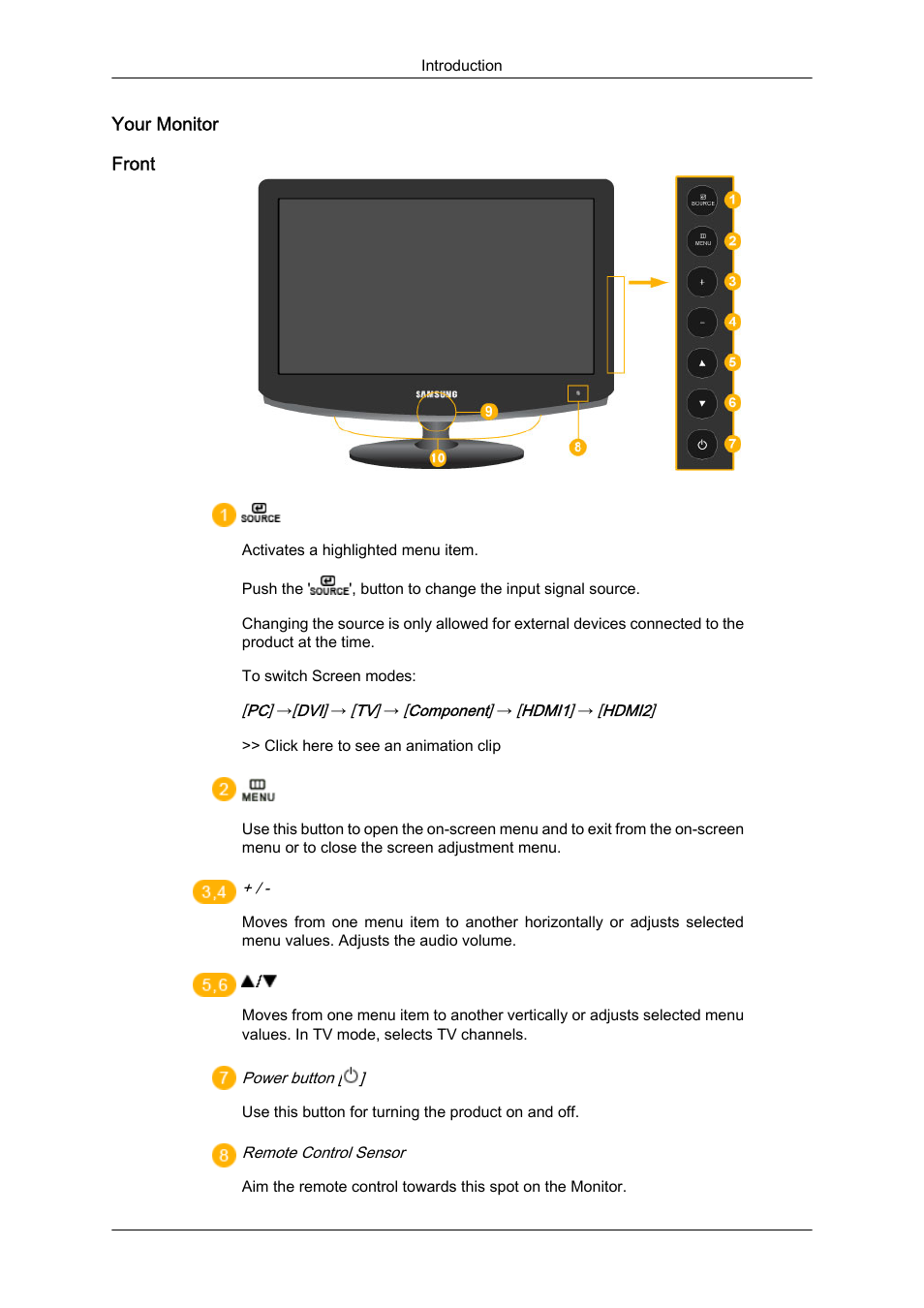 Your monitor, Front | Samsung LS23CFUKFV-ZA User Manual | Page 12 / 88