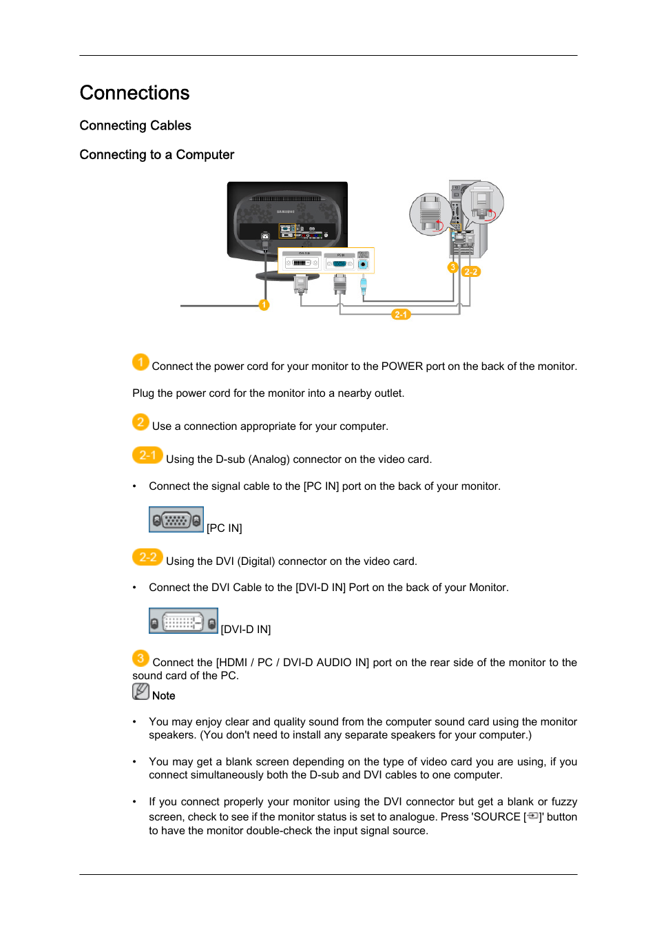 Connections, Connecting cables, Connecting to a computer | Samsung LS23CFUKFV-ZA User Manual | Page 19 / 88