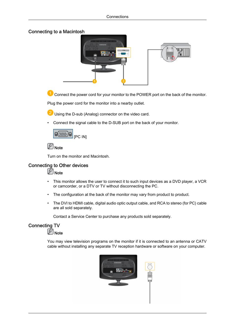 Connecting to a macintosh, Connecting to other devices, Connecting tv | Samsung LS23CFUKFV-ZA User Manual | Page 20 / 88