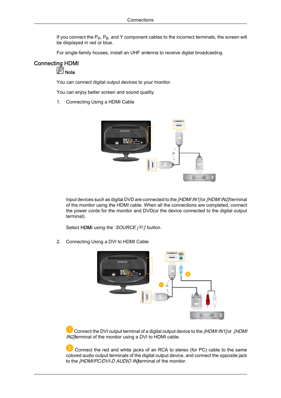 Connecting hdmi | Samsung LS23CFUKFV-ZA User Manual | Page 22 / 88