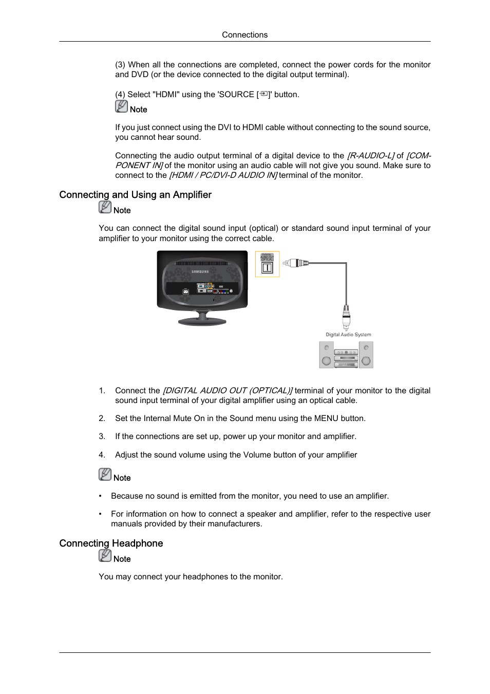 Connecting and using an amplifier, Connecting headphone | Samsung LS23CFUKFV-ZA User Manual | Page 23 / 88