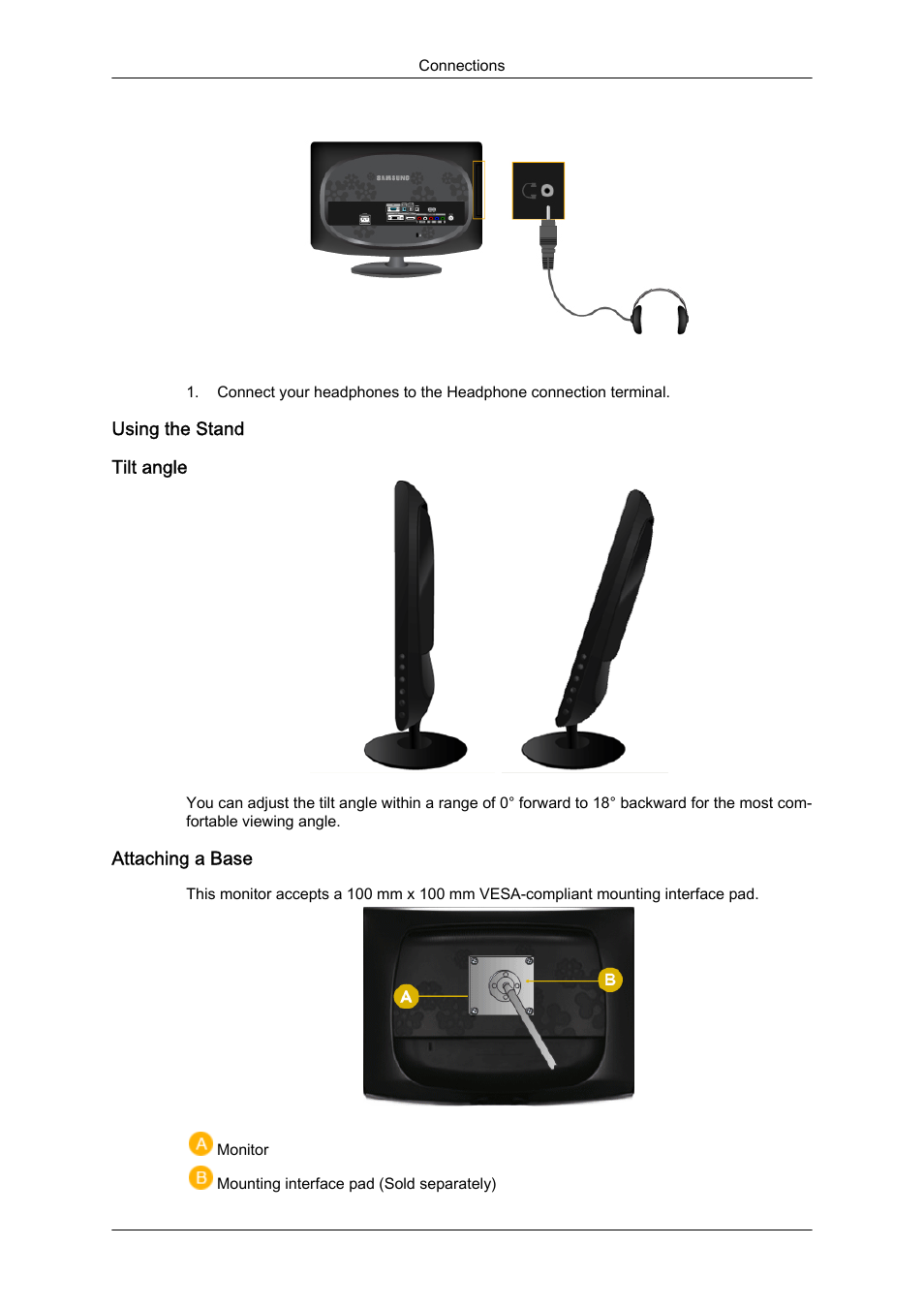 Using the stand, Tilt angle, Attaching a base | Samsung LS23CFUKFV-ZA User Manual | Page 24 / 88