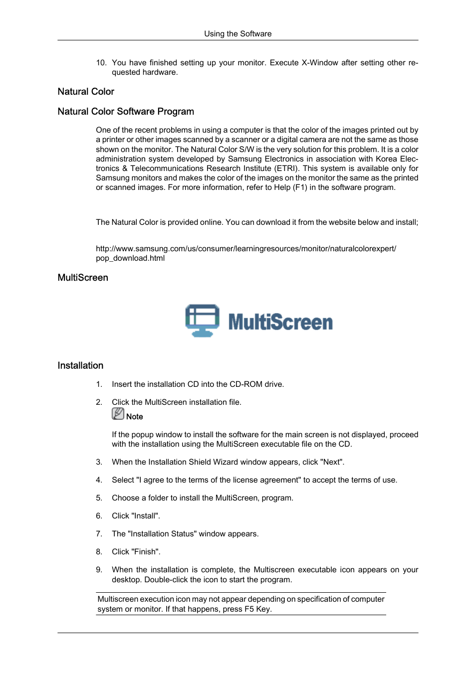 Natural color, Natural color software program, Multiscreen | Installation | Samsung LS23CFUKFV-ZA User Manual | Page 34 / 88