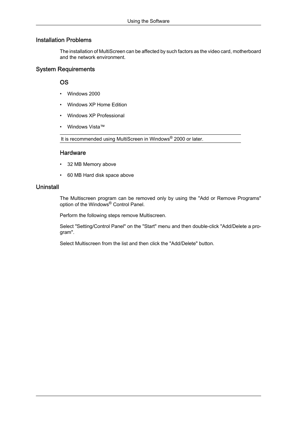 Installation problems, System requirements, Uninstall | Samsung LS23CFUKFV-ZA User Manual | Page 35 / 88