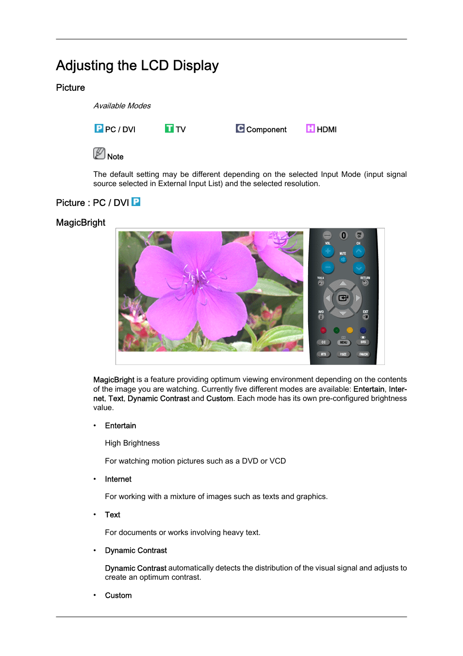 Adjusting the lcd display, Picture, Picture : pc / dvi | Magicbright | Samsung LS23CFUKFV-ZA User Manual | Page 36 / 88
