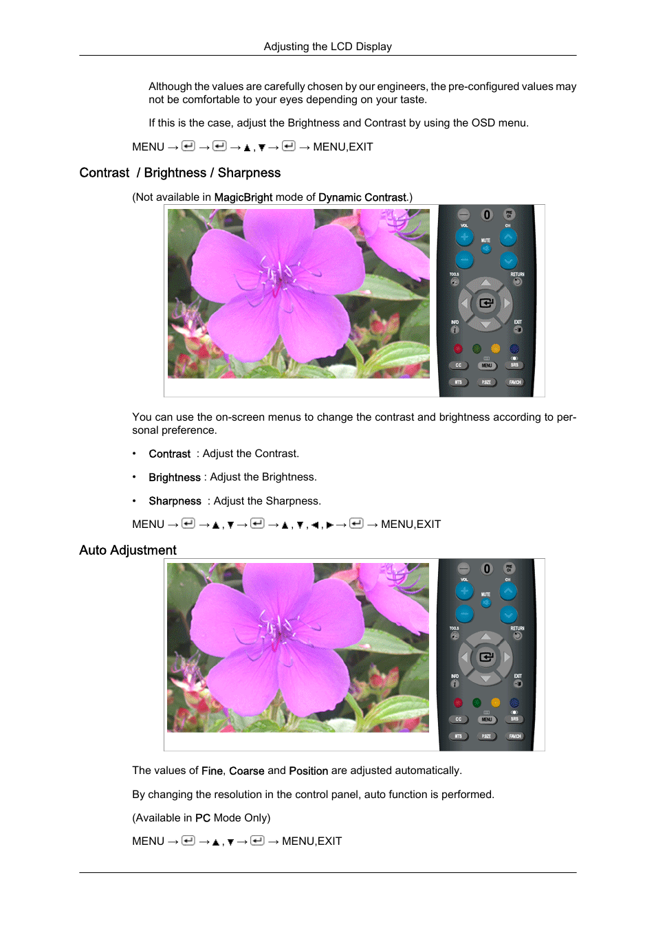 Contrast / brightness / sharpness, Auto adjustment | Samsung LS23CFUKFV-ZA User Manual | Page 37 / 88