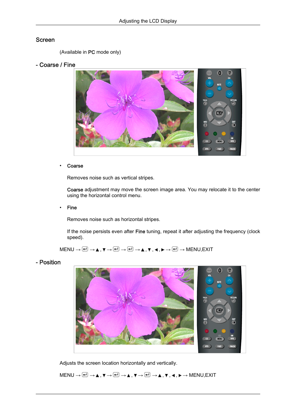 Screen, Coarse / fine, Position | Samsung LS23CFUKFV-ZA User Manual | Page 38 / 88