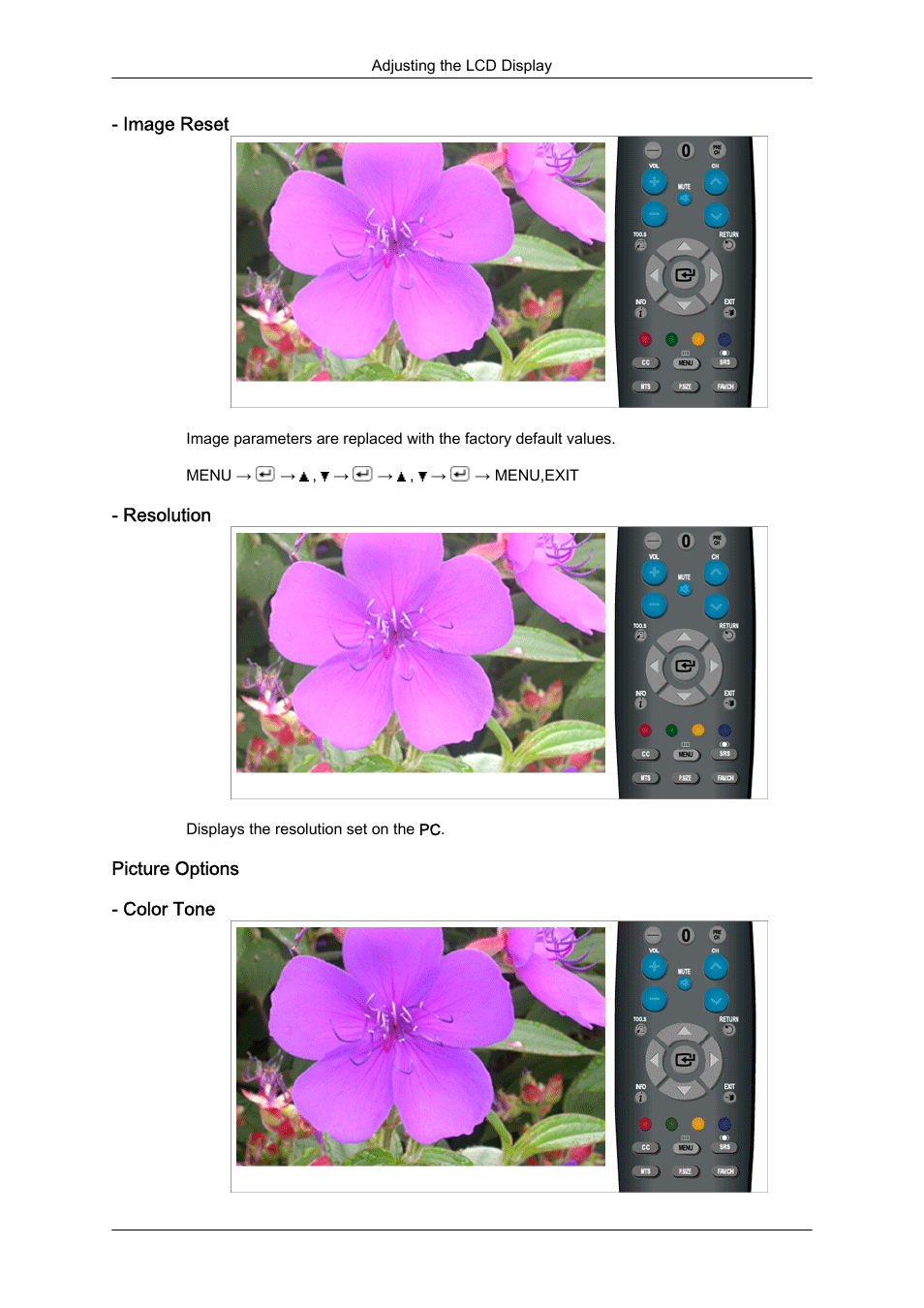 Image reset, Resolution, Picture options | Color tone | Samsung LS23CFUKFV-ZA User Manual | Page 39 / 88