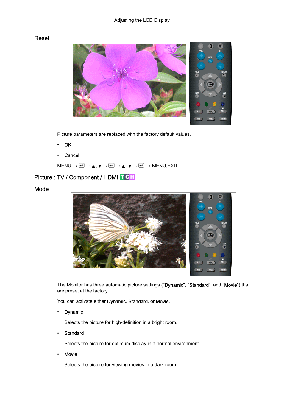 Reset, Picture : tv / component / hdmi, Mode | Samsung LS23CFUKFV-ZA User Manual | Page 41 / 88