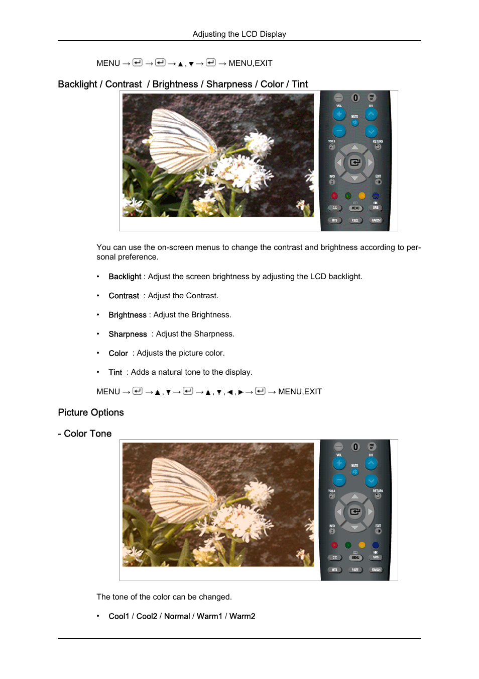 Picture options, Color tone | Samsung LS23CFUKFV-ZA User Manual | Page 42 / 88