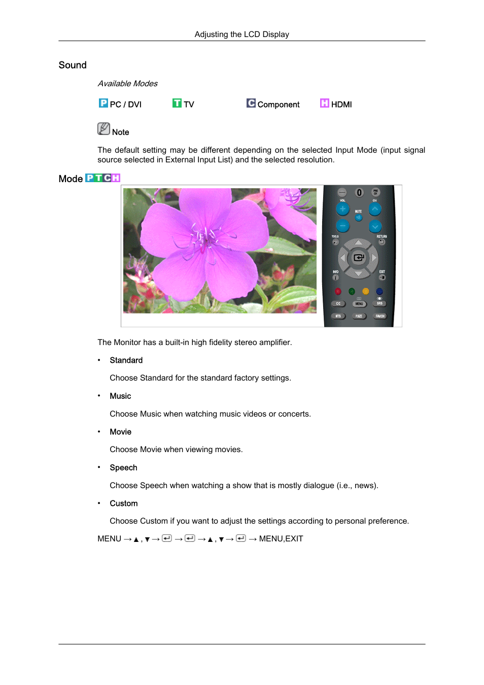 Sound, Mode | Samsung LS23CFUKFV-ZA User Manual | Page 46 / 88