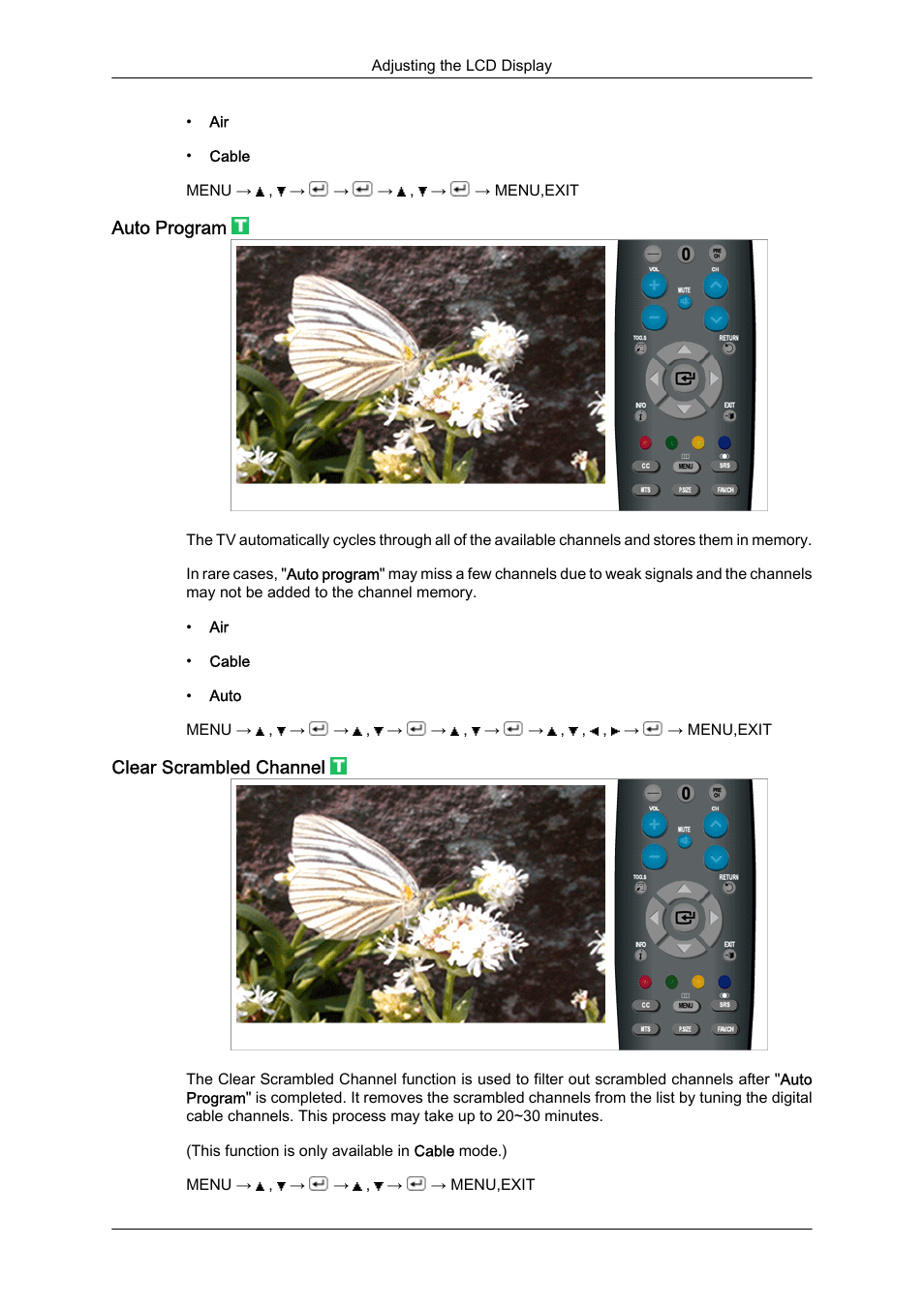 Auto program, Clear scrambled channel | Samsung LS23CFUKFV-ZA User Manual | Page 50 / 88