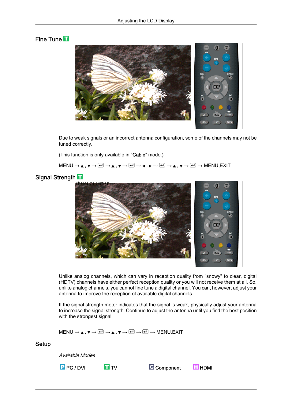 Fine tune, Signal strength, Setup | Samsung LS23CFUKFV-ZA User Manual | Page 53 / 88