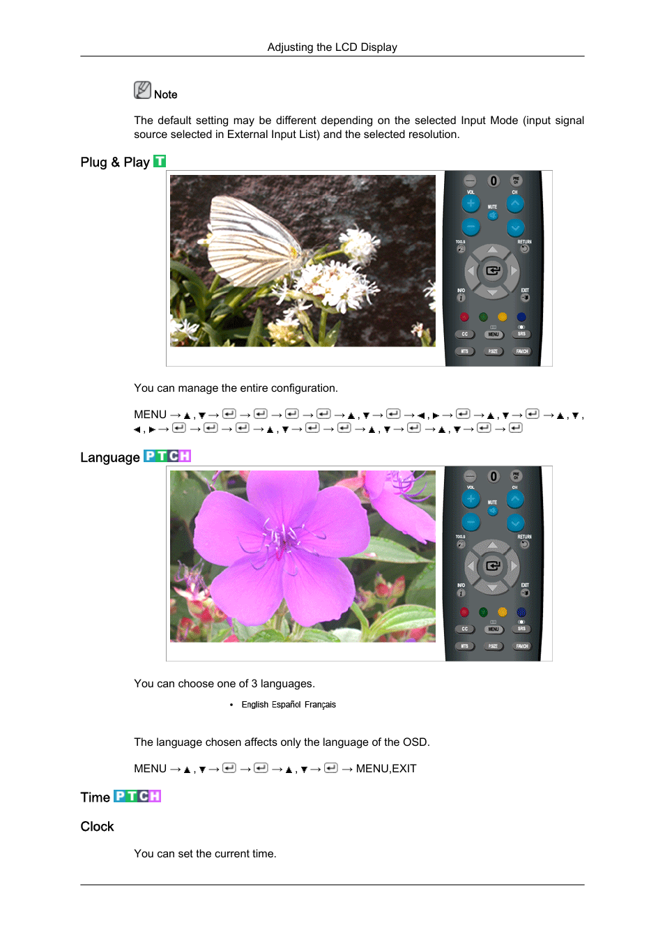 Plug & play, Language, Time | Clock | Samsung LS23CFUKFV-ZA User Manual | Page 54 / 88