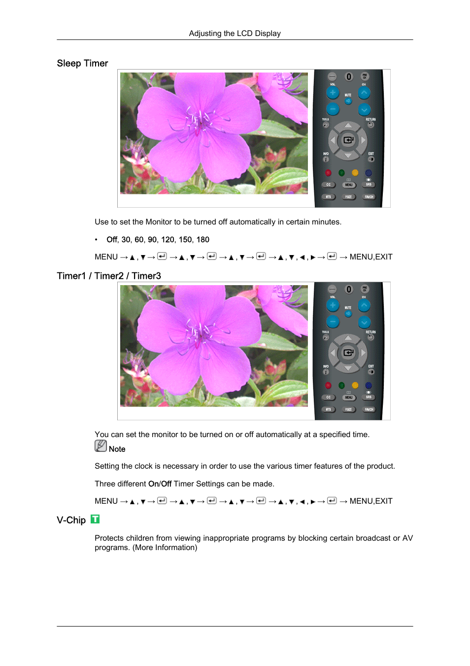 Sleep timer, Timer1 / timer2 / timer3, V-chip | Samsung LS23CFUKFV-ZA User Manual | Page 57 / 88