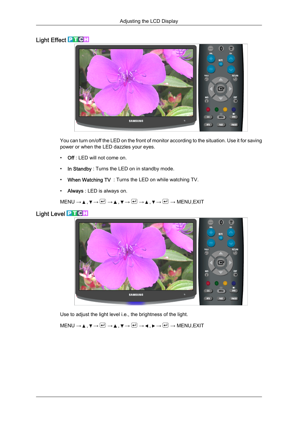 Light effect, Light level | Samsung LS23CFUKFV-ZA User Manual | Page 64 / 88