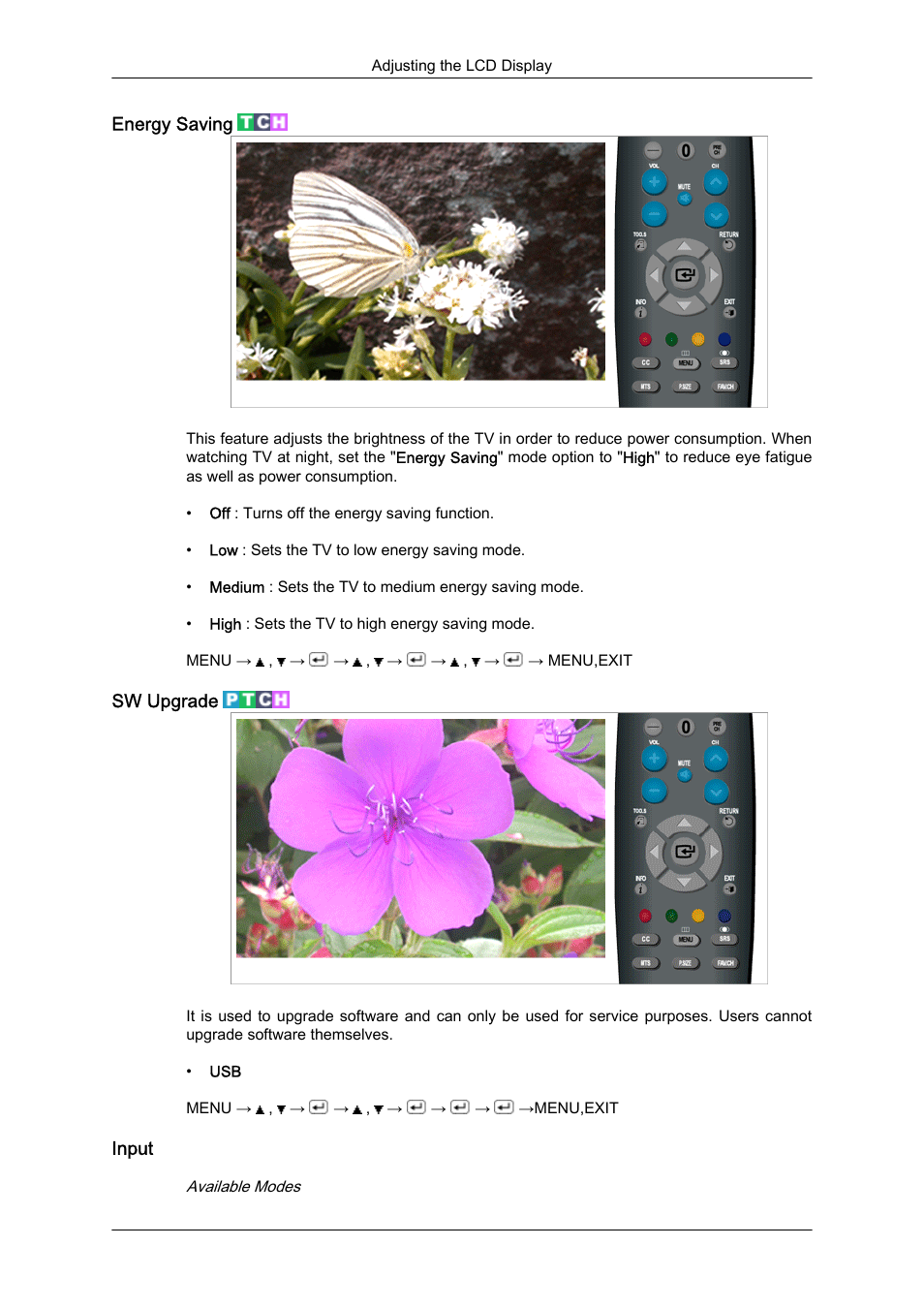 Energy saving, Sw upgrade, Input | Samsung LS23CFUKFV-ZA User Manual | Page 65 / 88