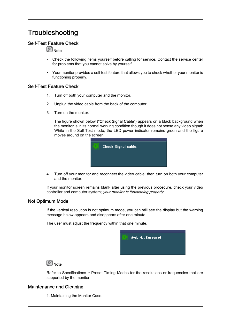 Troubleshooting, Self-test feature check, Not optimum mode | Maintenance and cleaning | Samsung LS23CFUKFV-ZA User Manual | Page 67 / 88