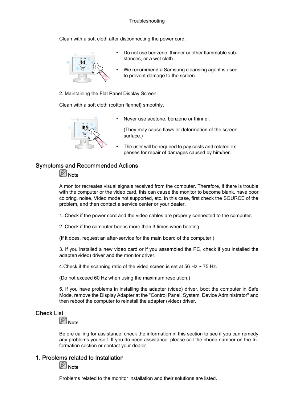 Symptoms and recommended actions, Check list, Problems related to installation | Samsung LS23CFUKFV-ZA User Manual | Page 68 / 88