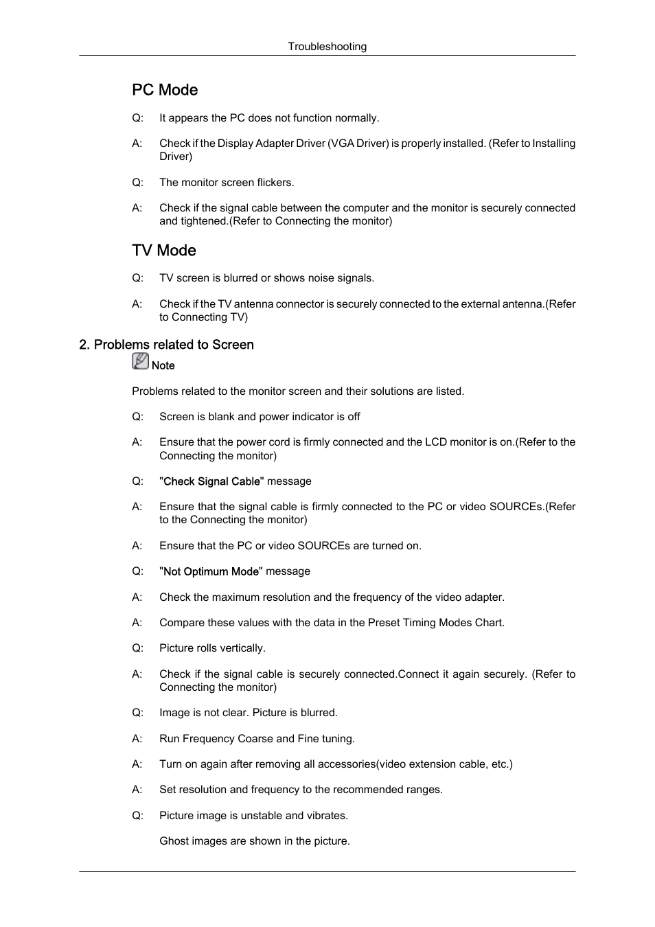 Problems related to screen, Pc mode, Tv mode | Samsung LS23CFUKFV-ZA User Manual | Page 69 / 88