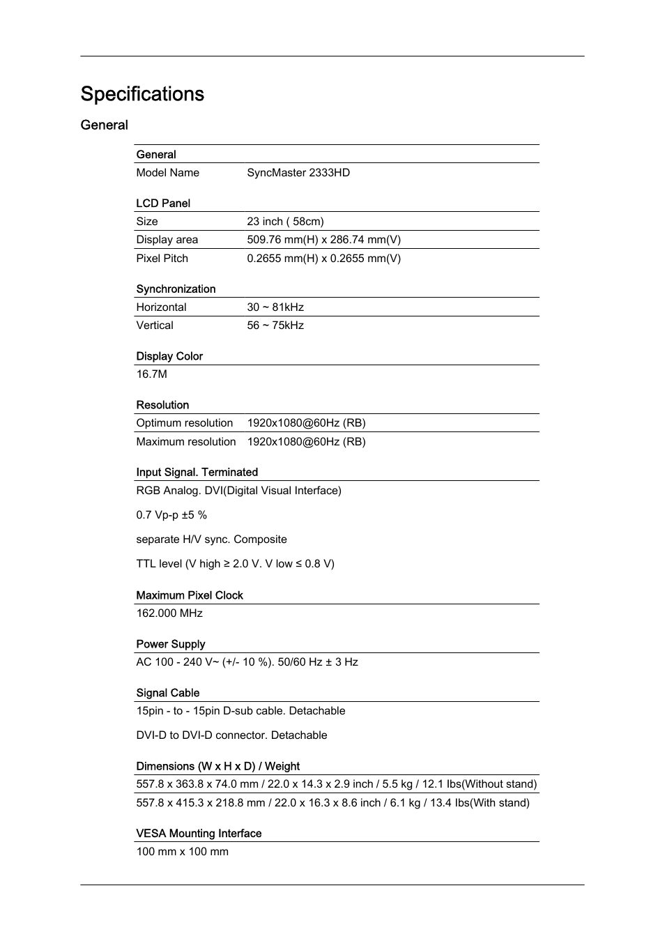 Specifications, General | Samsung LS23CFUKFV-ZA User Manual | Page 74 / 88