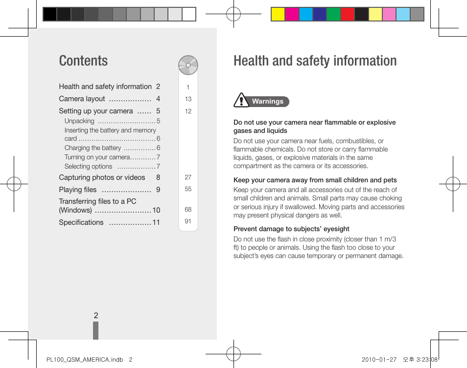 Health and safety information contents | Samsung EC-PL100ZBPPPA User Manual | Page 2 / 32