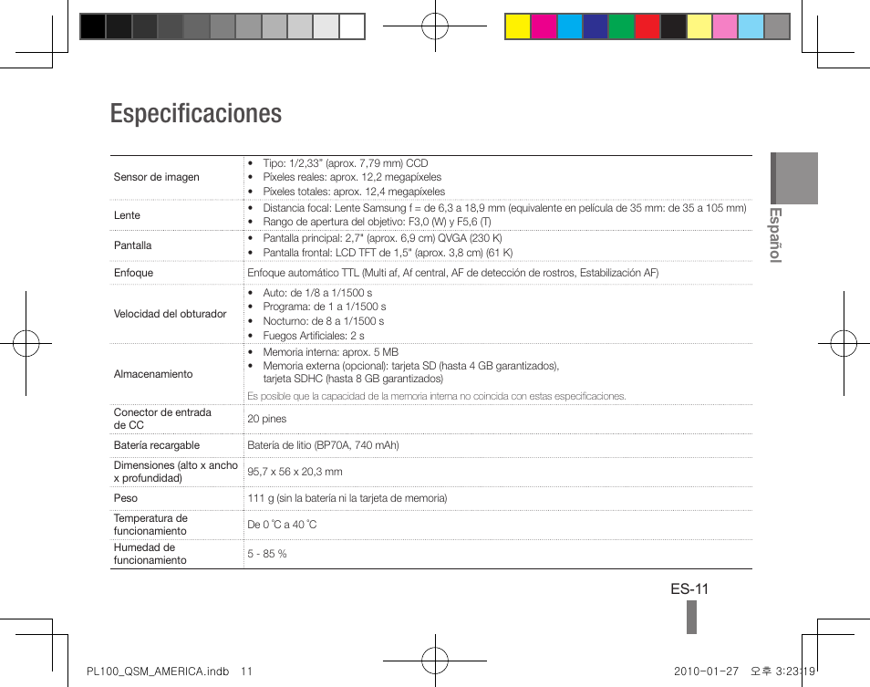 Especificaciones, Español, Es-11 | Samsung EC-PL100ZBPPPA User Manual | Page 21 / 32